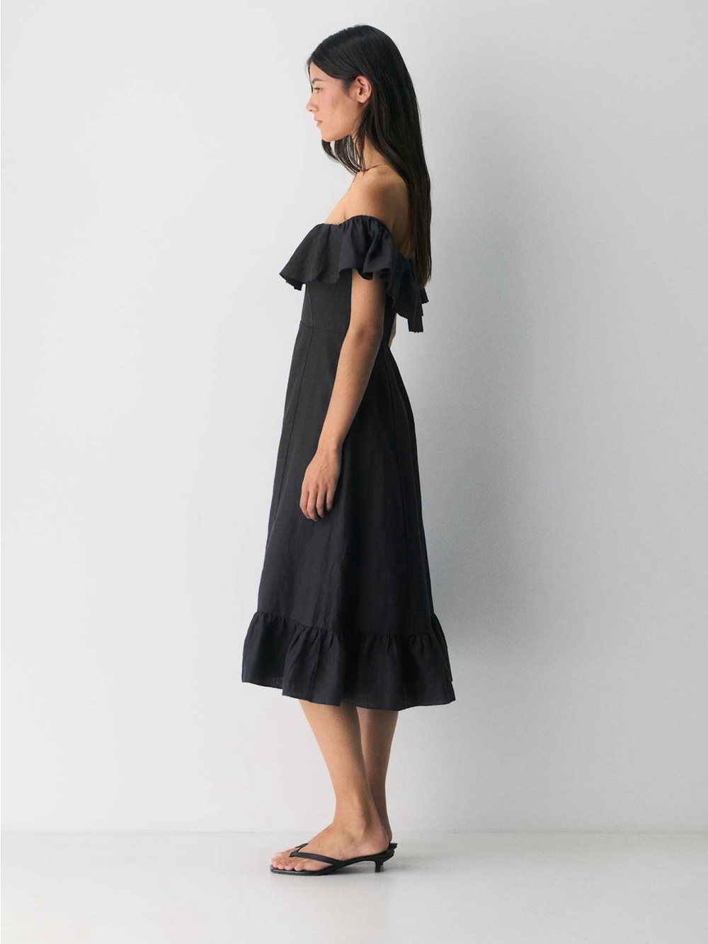 Wilfred Marmion Linen Dress Black Off Shoulder Ruffle Midi Size 4 Aritzia - Picture 4 of 12